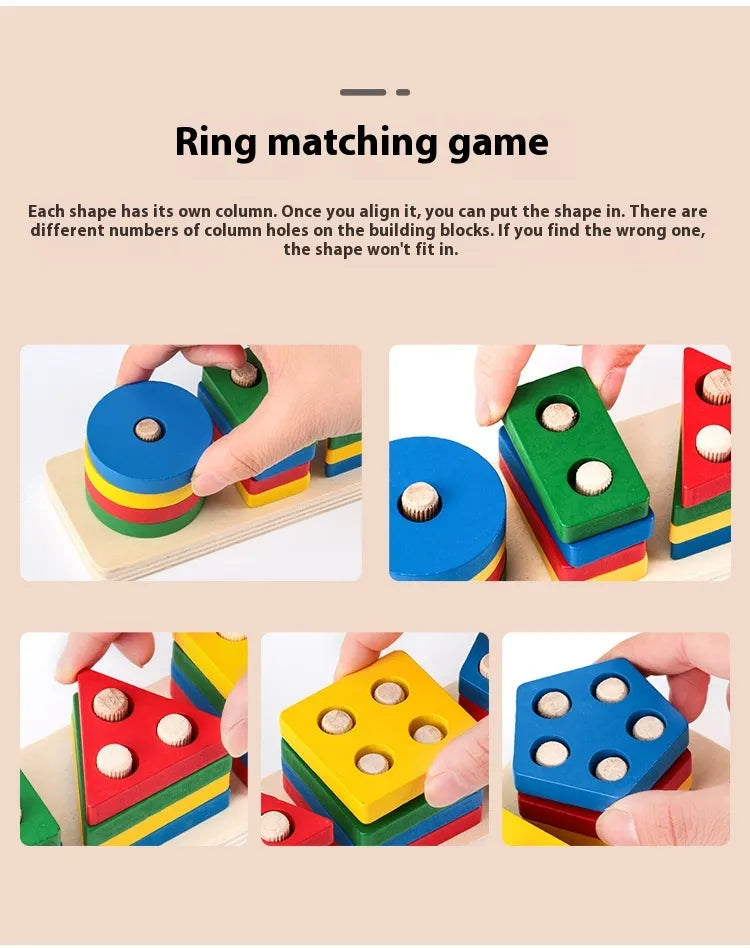 Montessori Geometric Shape Column Matching Wooden Building Blocks Set