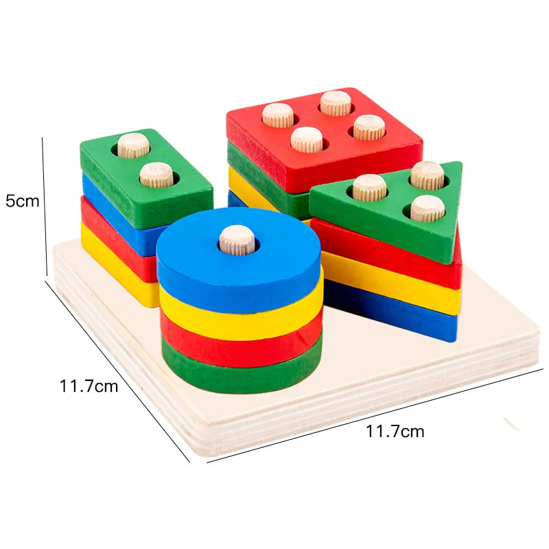 Montessori Geometric Shape Column Matching Wooden Building Blocks Set
