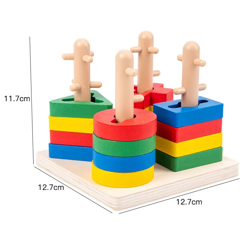 Montessori Geometric Shape Column Matching Wooden Building Blocks Set