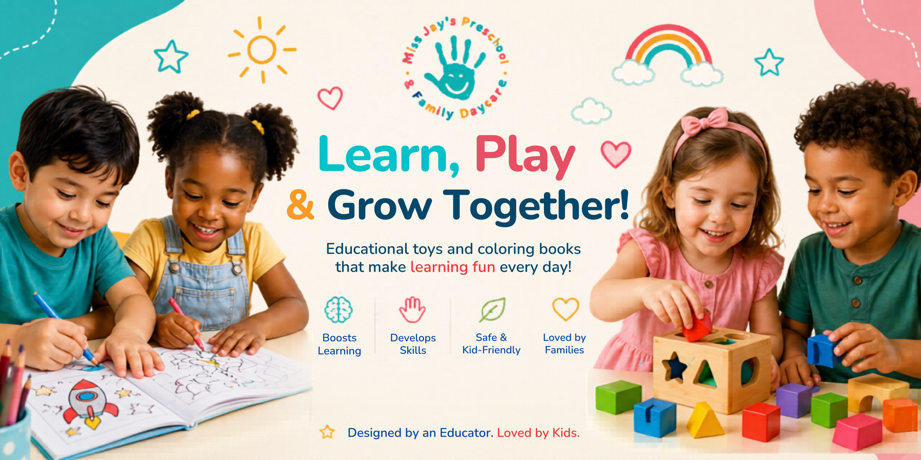 Children playing with educational toys and coloring books, with a colorful background featuring text and graphics.