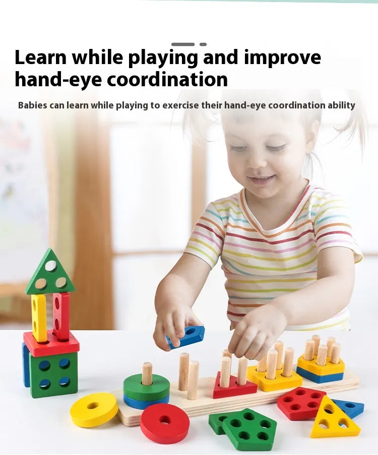 Montessori Geometric Shape Column Matching Wooden Building Blocks Set